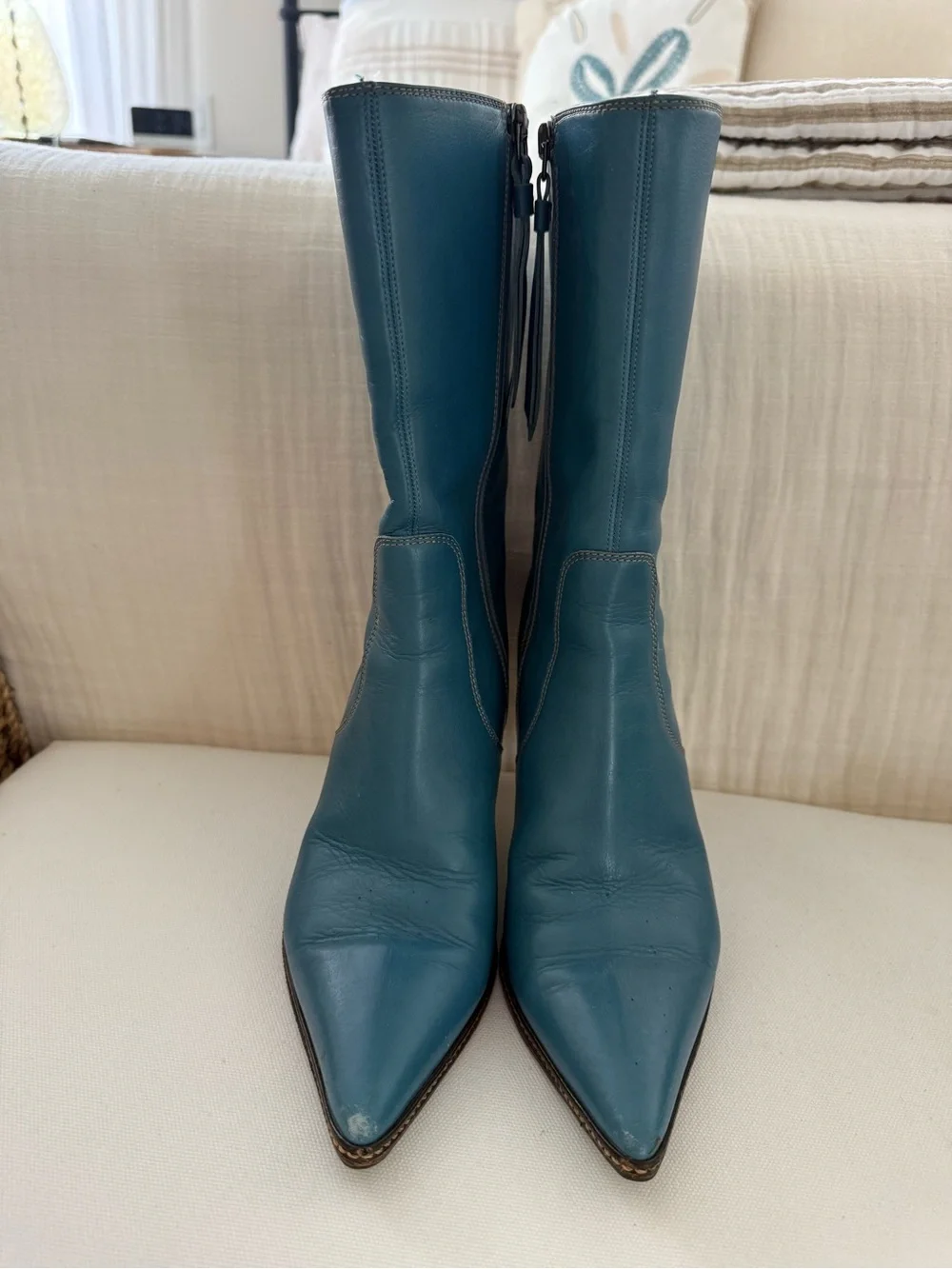 Coach Teal Pointed-Toe Leather Ankle Boots